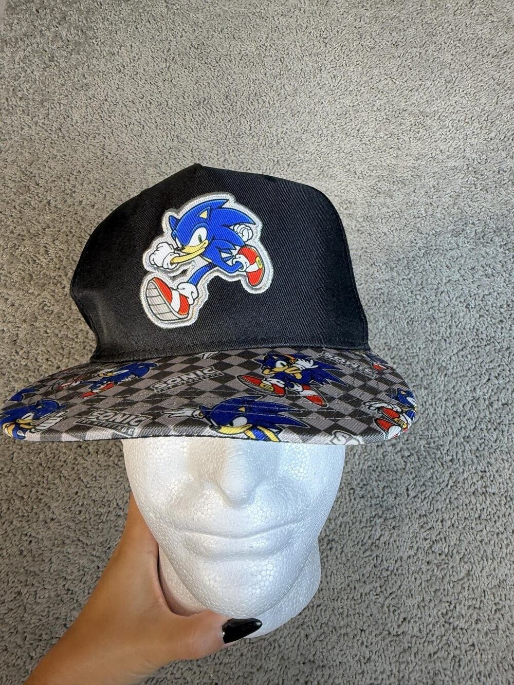 Sonic The Hedgehog Hat Cap Snap Back Mens One Size Black Check Cartoon Brim